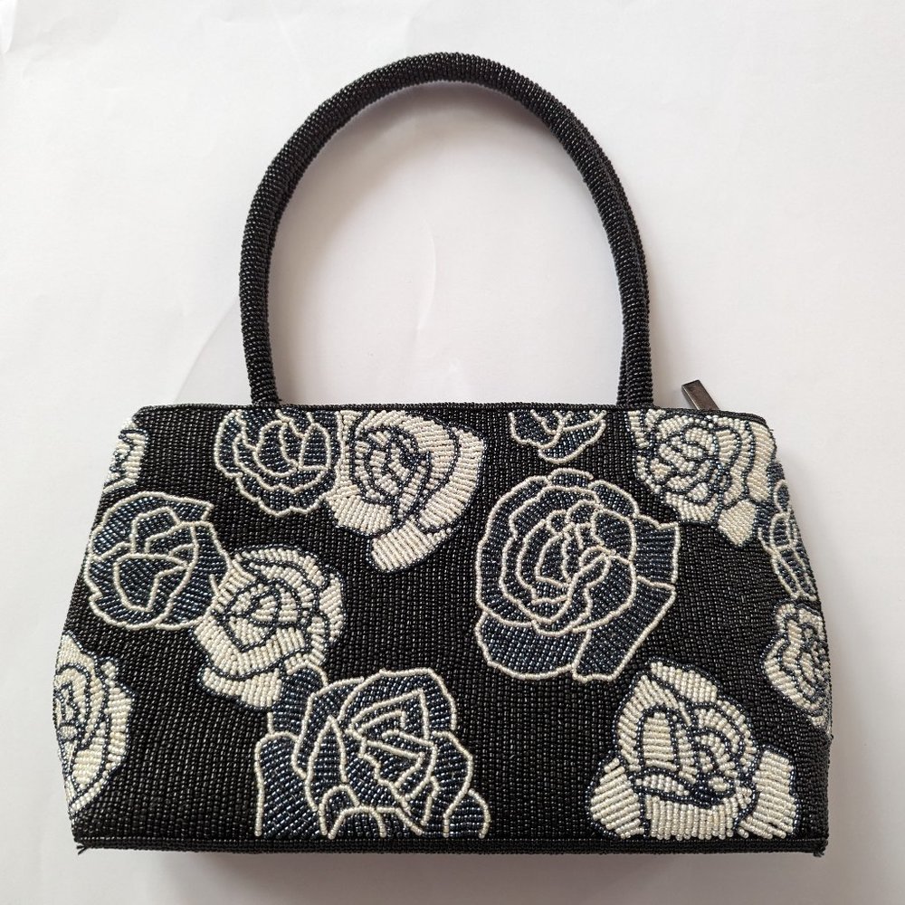 Elegant Rose Beaded Handbag  (Navy/Pearl/White)  - for special occasions   NWOT